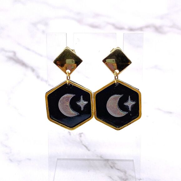 Jewelry - Black Holographic Celestial Crescent Moon Dangle Stud Earrings
